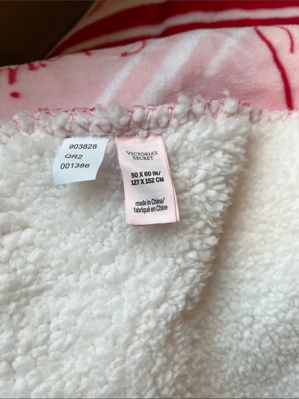 Victoria's Secret Plush Pink, Red Script & White Sherpa Throw